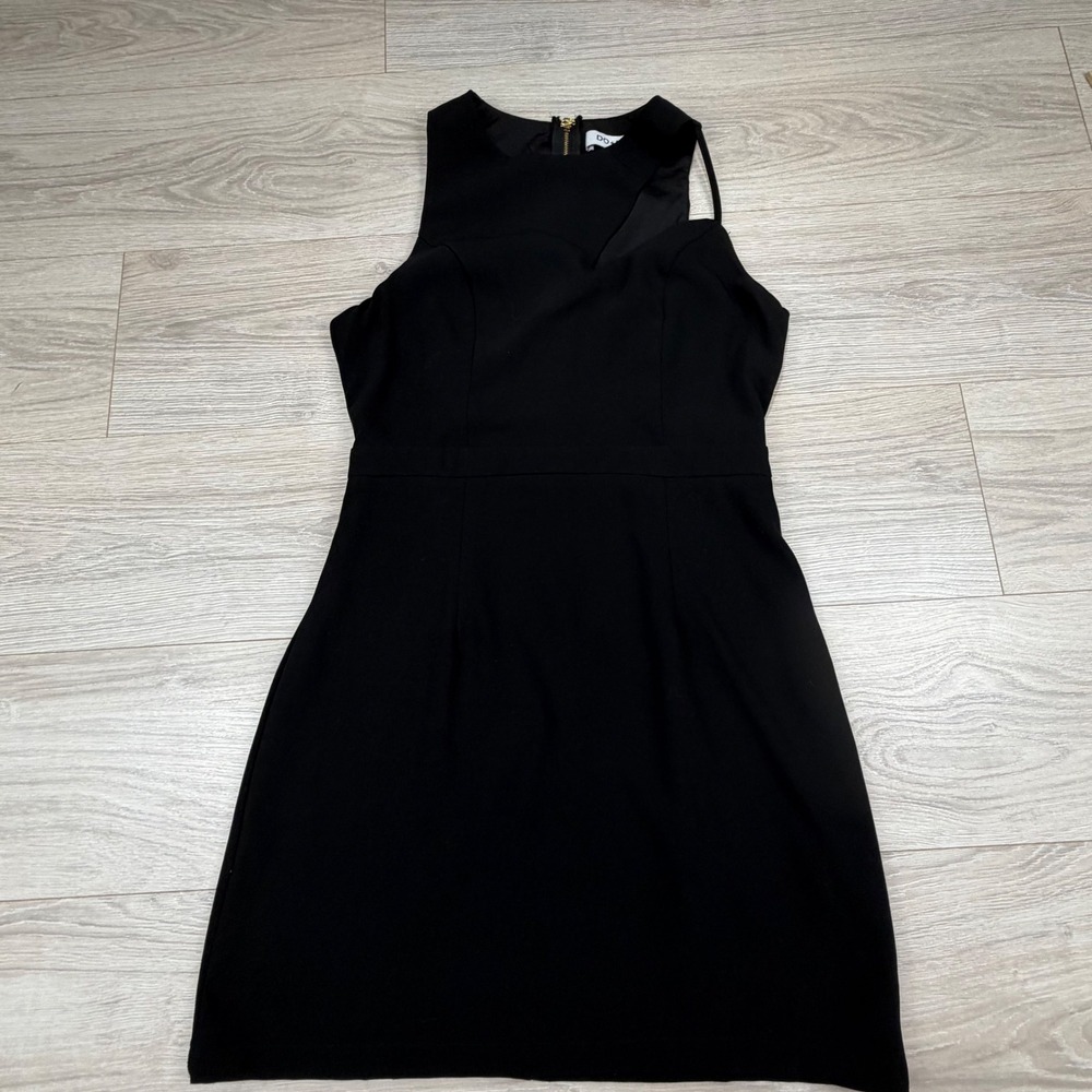 DO+BE Black Asymmetrical Cutout Sleeveless Mini Dress Gold Zipper Size Medium - Picture 1 of 10